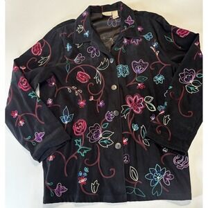 Vintage Koret Shirt Jacket Shacket Womens XL Black Embroidered Faux Suede‎